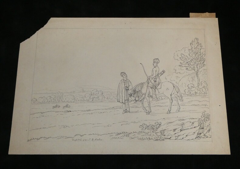 Dessin au crayon - Sc&egrave;ne &eacute;questre : Cavalier [persan], XIX &egrave;me. Anonyme
