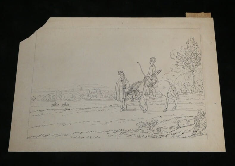 Dessin au crayon - Sc&egrave;ne &eacute;questre : Cavalier [persan], XIX &egrave;me. Anonyme
