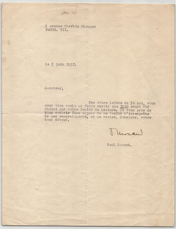 Paul Morand - Lettre dactylographi&eacute;e sign&eacute;e au sujet de son recueil, 1900 - 1931. Paul Morand
