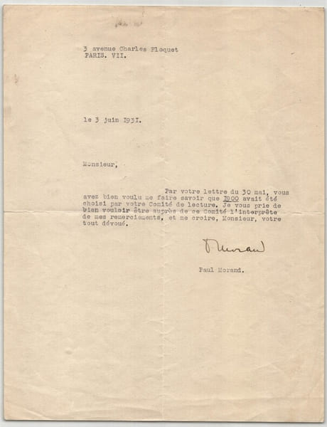 Paul Morand - Lettre dactylographi&eacute;e sign&eacute;e au sujet de son recueil, 1900 - 1931. Paul Morand