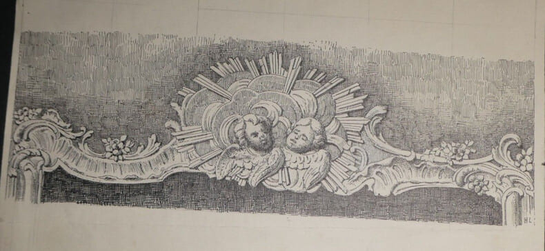 Dessin original sign&eacute; - Sommet d'un cadre de tableau religieux (milieu du XVIIIe si&egrave;cle). Louis Henri Laffill&eacute;e