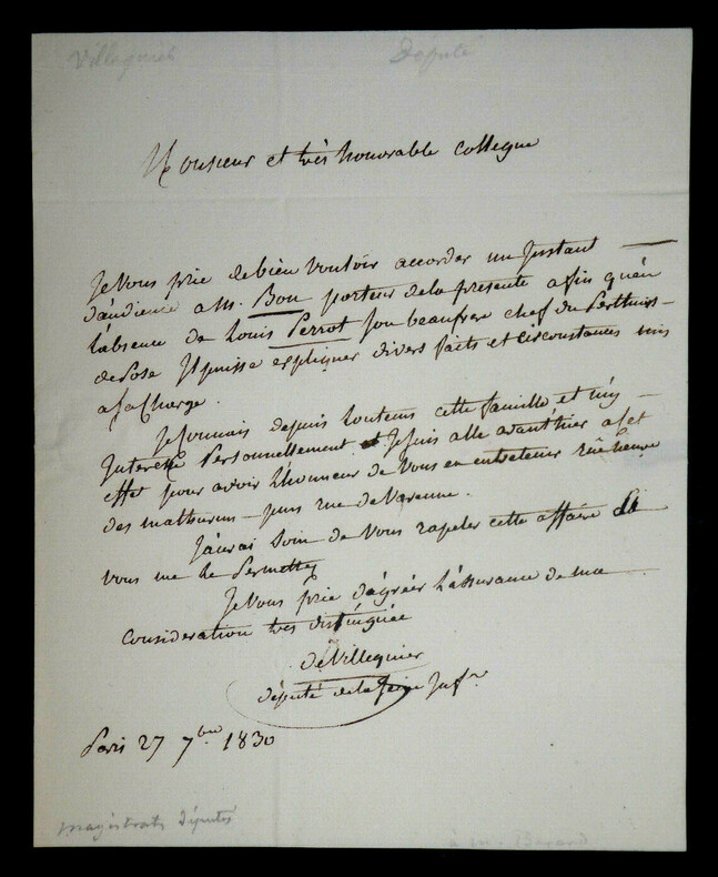 LETTRE AUTOGRAPHE SIGN&Eacute;E, 1830. Jean-Marie de Villequier