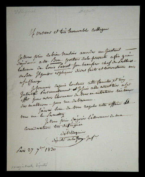 LETTRE AUTOGRAPHE SIGN&Eacute;E, 1830. Jean-Marie de Villequier