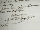 LETTRE AUTOGRAPHE SIGN&Eacute;E, 1830. Jean-Marie de Villequier