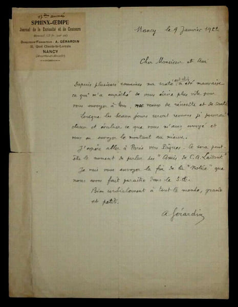 Andr&eacute; G&Eacute;RARDIN - LETTRE AUTOGRAPHE SIGN&Eacute;E, 1922. Andr&eacute; G&Eacute;RARDIN