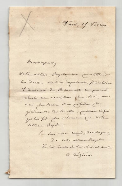 Alfred M&eacute;zi&egrave;res - Lettre autographe sign&eacute;e &agrave; Henri d'Orl&eacute;ans, duc d'Aumale - Acad&eacute;mie des Beaux-Arts. Alfred M&eacute;zi&egrave;res
