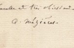 Alfred M&eacute;zi&egrave;res - Lettre autographe sign&eacute;e &agrave; Henri d'Orl&eacute;ans, duc d'Aumale - Acad&eacute;mie des Beaux-Arts. Alfred M&eacute;zi&egrave;res