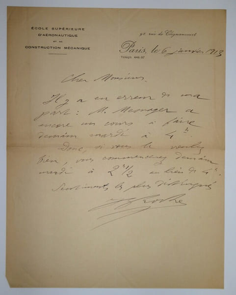 LETTRE AUTOGRAPHE SIGN&Eacute;E, ECOLE SUP A&Eacute;RONAUTIQUE, 1913. Jean-Baptiste Roche