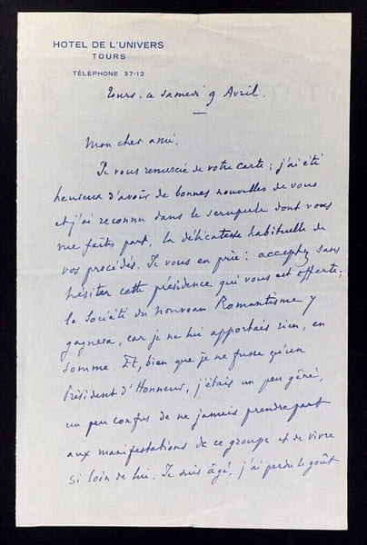 Andr&eacute; FOULON DE VAULX, Po&egrave;te - LETTRE AUTOGRAPHE SIGN&Eacute;E SUR LE ROMANTISME, Tours. Andr&eacute; FOULON DE VAULX
