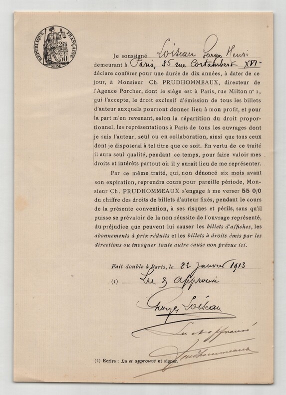 Pouvoir sign&eacute; Georges Loiseau – Collection coh&eacute;rente de 50 auteurs & musiciens. Georges Loiseau