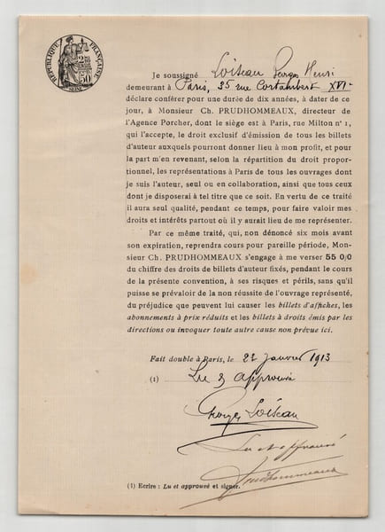 Pouvoir sign&eacute; Georges Loiseau – Collection coh&eacute;rente de 50 auteurs & musiciens. Georges Loiseau