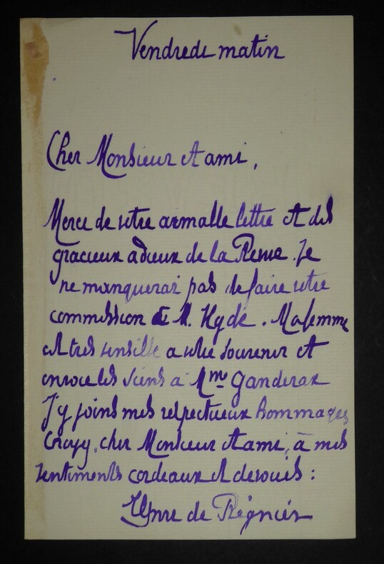 Lettre autographe sign&eacute;e, remerciements et adieux &agrave; la Revue. Henri de R&eacute;gnier