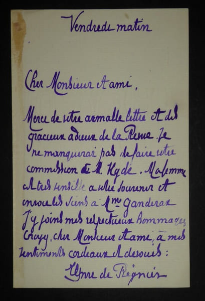 Lettre autographe sign&eacute;e, remerciements et adieux &agrave; la Revue. Henri de R&eacute;gnier