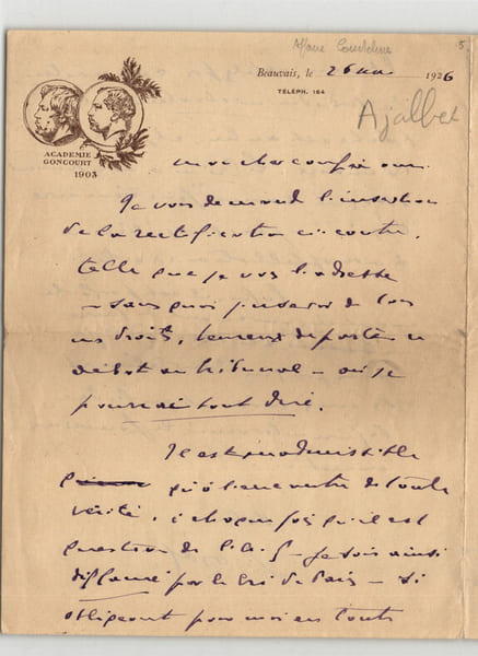 Jean Ajalbert - Lettre autographe sign&eacute;e de 4 pages - 1926. Jean Ajalbert