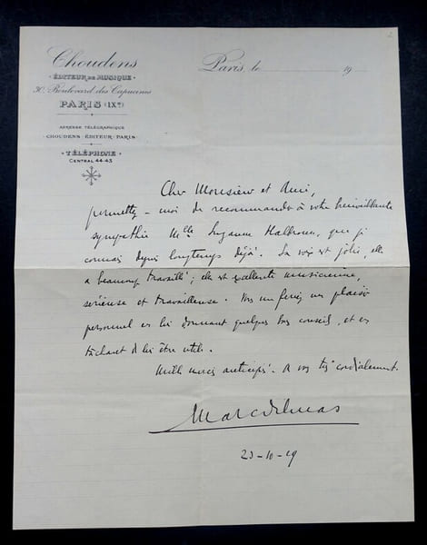 DELMAS Marc - Lettre autographe sign&eacute;e et dat&eacute;e du 20 octobre 1919, Paris - Editions de musique Choudens. Marc Delmas