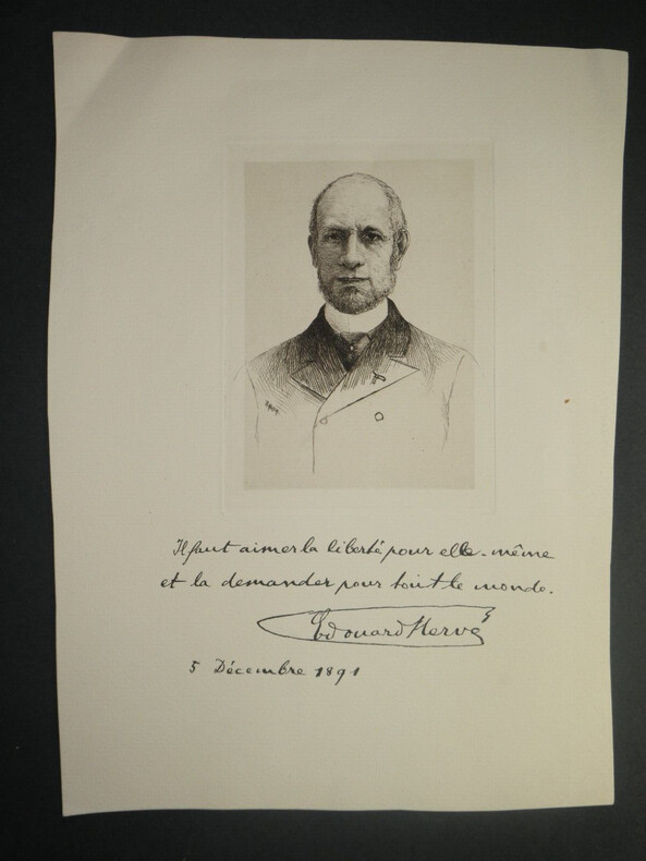 Edouard HERV&Eacute; - GRAVURE le 5 d&eacute;cembre 1891 avec citation et signature imprim&eacute;e. Edouard HERV&Eacute;