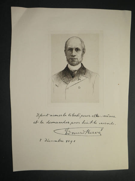 Edouard HERV&Eacute; - GRAVURE le 5 d&eacute;cembre 1891 avec citation et signature imprim&eacute;e. Edouard HERV&Eacute;