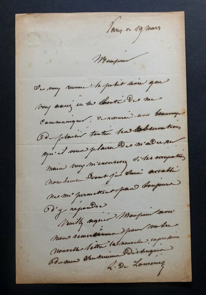 LETTRE AUTOGRAPHE SIGN&Eacute;E, LETTRE DE REMERCIEMENTS, PARIS. Louis de Lom&eacute;nie