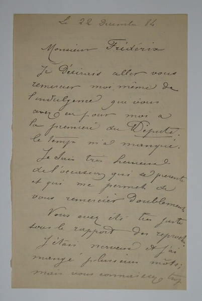 LETTRE AUTOGRAPHE SIGN&Eacute;E, &Agrave; Alfred FREDERIX, D&Eacute;CEMBRE 1884. HUGUENET F&eacute;lix
