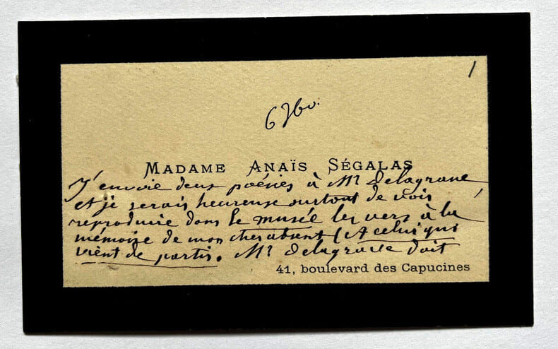 Anne Caroline MENARD, dite Ana&iuml;s S&Eacute;GALAS, Po&eacute;tesse - CARTE DE VISITE AUTOGRAPHE. Ana&iuml;s S&Eacute;GALAS