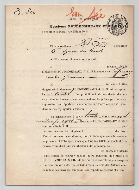 Pouvoir sign&eacute; par Edmond S&eacute;e - Collection coh&eacute;rente 25 auteurs & musiciens. Edmond S&eacute;e