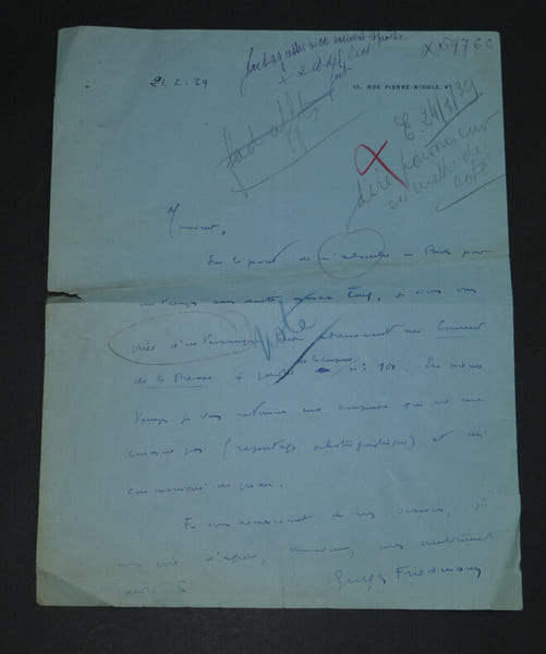 Georges FRIEDMANN - LETTRE AUTOGRAPHE SIGN&Eacute;E AU COURRIER DE LA PRESSE, 1939. Georges FRIEDMANN