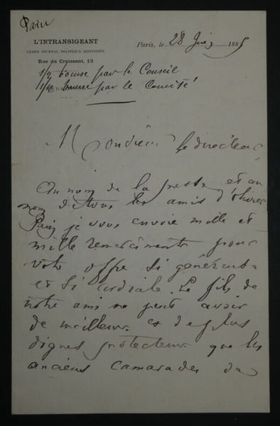 Henri ROCHEFORT - LETTRE AUTOGRAPHE SIGN&Eacute;E DE REMERCIEMENTS AU DIRECTEUR, 1888. Henri ROCHEFORT