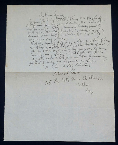 Marcel LENOIR - Lettre autographe sign&eacute;e adress&eacute;e &agrave; Henry LAPAUZE. Paris. Lettre de condol&eacute;ances.. Marcel Lenoir