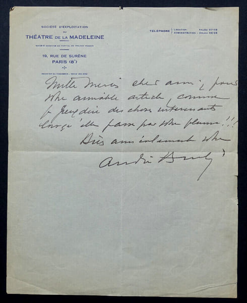 Andr&eacute; BRUL&Eacute; - LETTRE AUTOGRAPHE SIGN&Eacute;E, Th&eacute;&acirc;tre de la Madeleine. Andr&eacute; Brul&eacute;