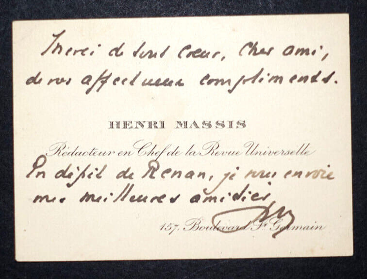 Henri MASSIS, Critique litt&eacute;raire - CARTE DE VISITE AUTOGRAPHE SIGN&Eacute;E. Henri MASSIS