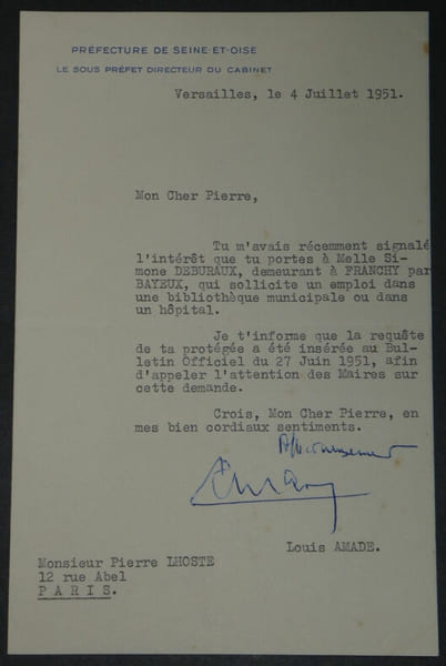 Louis AMADE - LETTRE TAPUSCRITE SIGN&Eacute;E &Agrave; Pierre LHOSTE, 24 juillet 1951. Louis AMADE