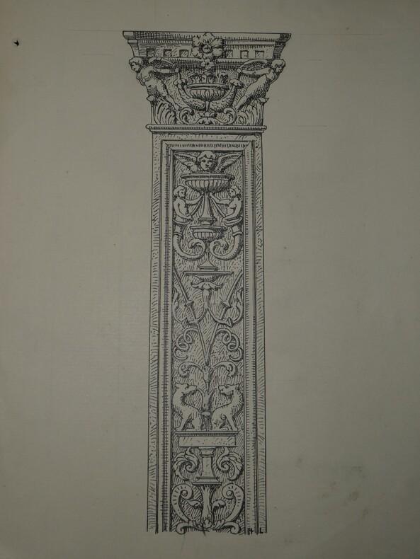 Pilastre du XVIe si&egrave;cle - Dessin original sign&eacute; des initiales de Louis Henri Laffill&eacute;e, r&eacute;alis&eacute; &agrave; l'encre vers 1930. Louis Henri Laffill&eacute;e