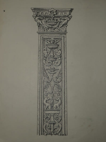 Pilastre du XVIe si&egrave;cle - Dessin original sign&eacute; des initiales de Louis Henri Laffill&eacute;e, r&eacute;alis&eacute; &agrave; l'encre vers 1930. Louis Henri Laffill&eacute;e