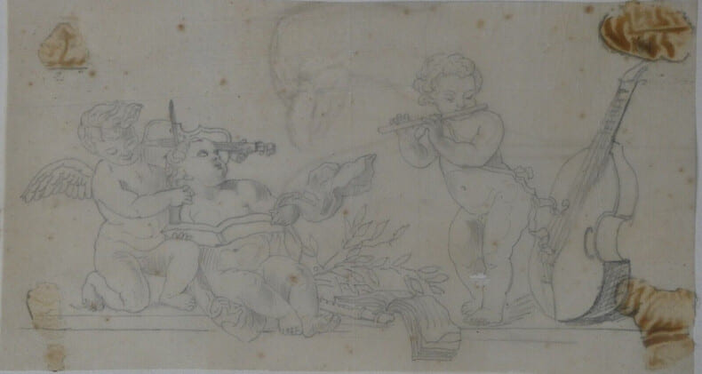 Dessin au crayon - Angelot jouant de la musique - dos peint effet rev&ecirc;tement. 