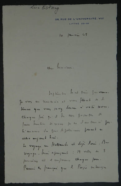 Luc ESTANG Lettre Autographe sign&eacute;e &agrave; G&eacute;rard Miellet Galeries Moderne Utrecht 48. Luc ESTANG