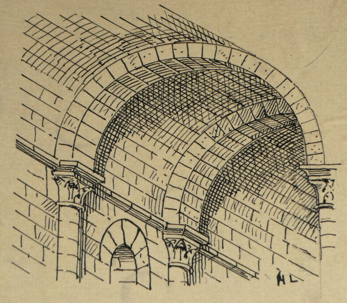 Berceau plein cintre avec arcs doubleaux — Dessin original sign&eacute;, encre, vers 1930. Louis Henri Laffill&eacute;e