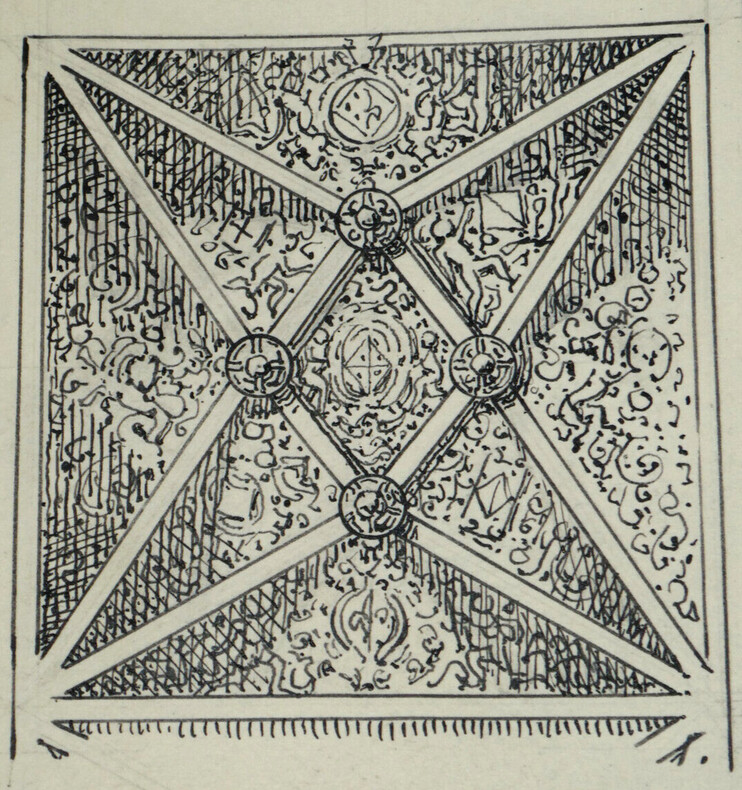 Dessin original - Plafond d'une chapelle de l'&eacute;glise de Till&egrave;res vers 1550. Louis Henri Laffill&eacute;e