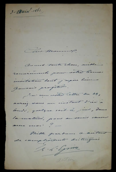 LETTRE AUTOGRAPHE SIGNEE, AVRIL 1862. Ernest Louis Victor Jules L'Epine