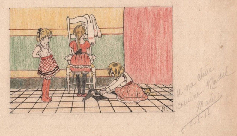 Dessin au crayon de couleur 3 enfants entrain de se pr&eacute;parer - 1917. 