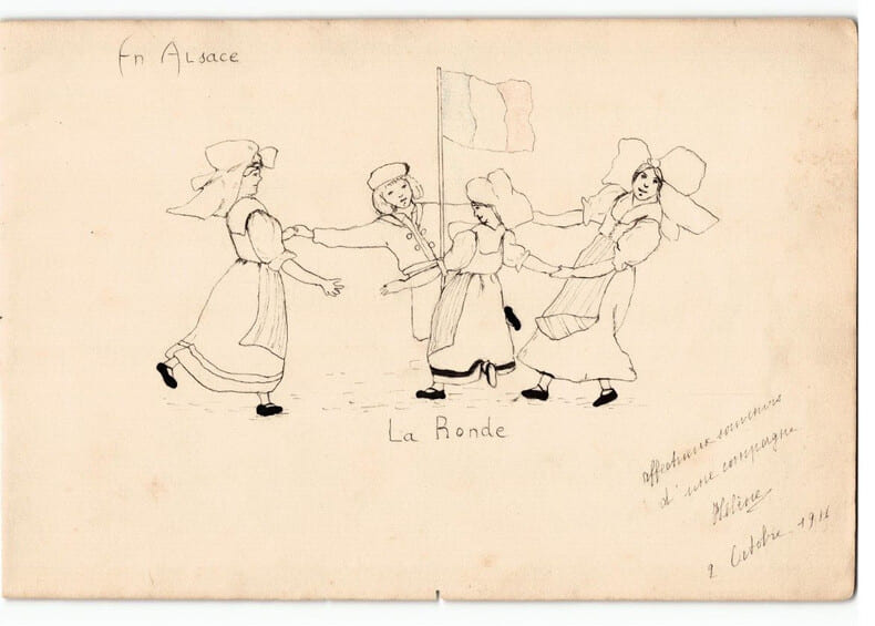 Dessin &agrave; l'encre, La Ronde des Alsaciens autour du drapeau Fran&ccedil;ais en 1916. 