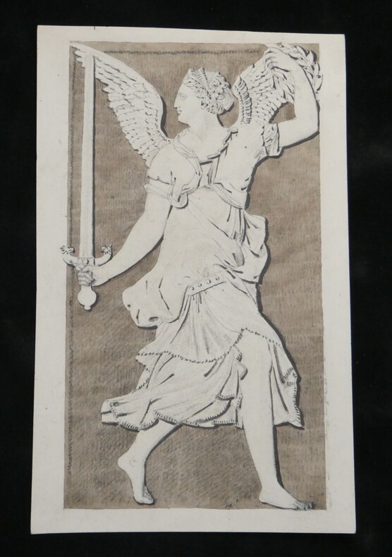 Dessin original &agrave; l'encre et lavis - Figure all&eacute;gorique ange ail&eacute;e &eacute;p&eacute;e, XIX&egrave;me. Anonyme