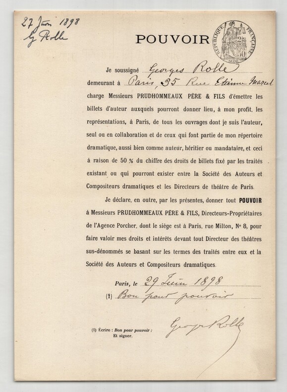 Pouvoir sign&eacute; Georges Rolle – Collection coh&eacute;rente de 50 auteurs & musiciens. Georges Rolle