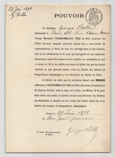 Pouvoir sign&eacute; Georges Rolle – Collection coh&eacute;rente de 50 auteurs & musiciens. Georges Rolle