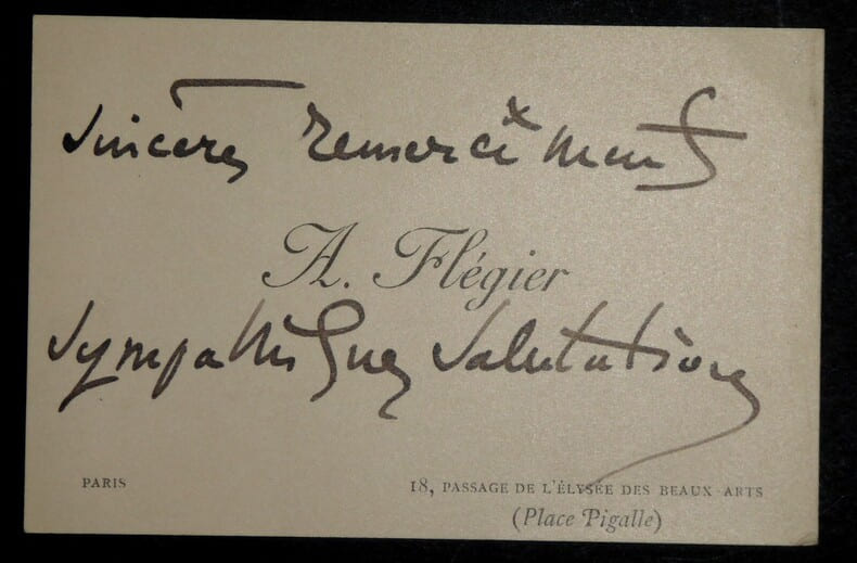 FLEGIER Ange - CARTE DE VISITE ANNOTEE MAIN, PLACE PIGALLE, PARIS. Ange Fl&eacute;gier