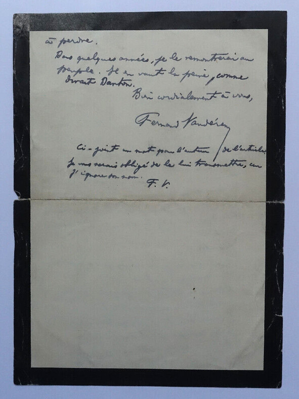 Fernand VAND&Eacute;REM - LETTRE AUTOGRAPHE SIGN&Eacute;E DE DEUIL, 1901. Fernand VAND&Eacute;REM