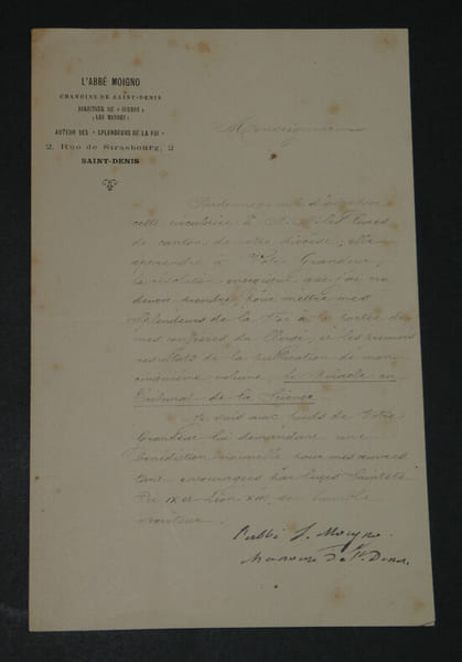 Abb&eacute; MOIGNO - BELLE LETTRE AUTOGRAPHE SIGN&Eacute;E, POUR LA B&Eacute;N&Eacute;DICTION DE SES OEUVRES. Abb&eacute; MOIGNO