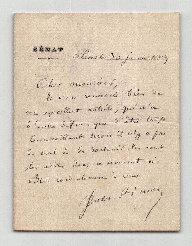 Jules Simon - Lettre autographe sign&eacute;e - Cet article trop bienveillant - 1889. Jules Simon