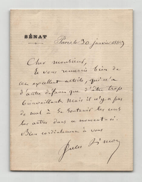 Jules Simon - Lettre autographe sign&eacute;e - Cet article trop bienveillant - 1889. Jules Simon
