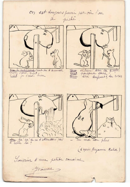 Dessin &agrave; l'encre fable d'apr&egrave;s Benjamin Rabier ann&eacute;e 1910/30. Benjamin Rabier