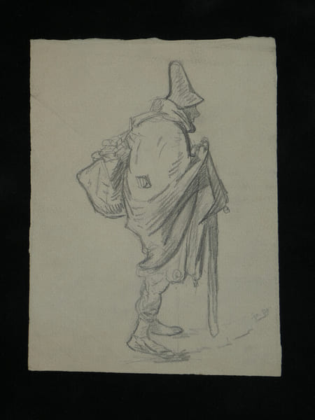 Dessin original au crayon - Homme en manteau avec chapeau pointu, XIX &egrave;me. Anonyme